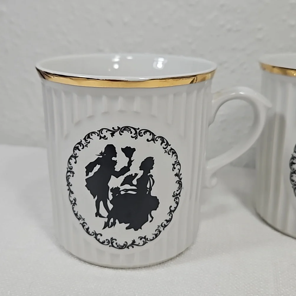 set of 2 Victorian couple silhouette Czechoslovakia porcelain tea cups